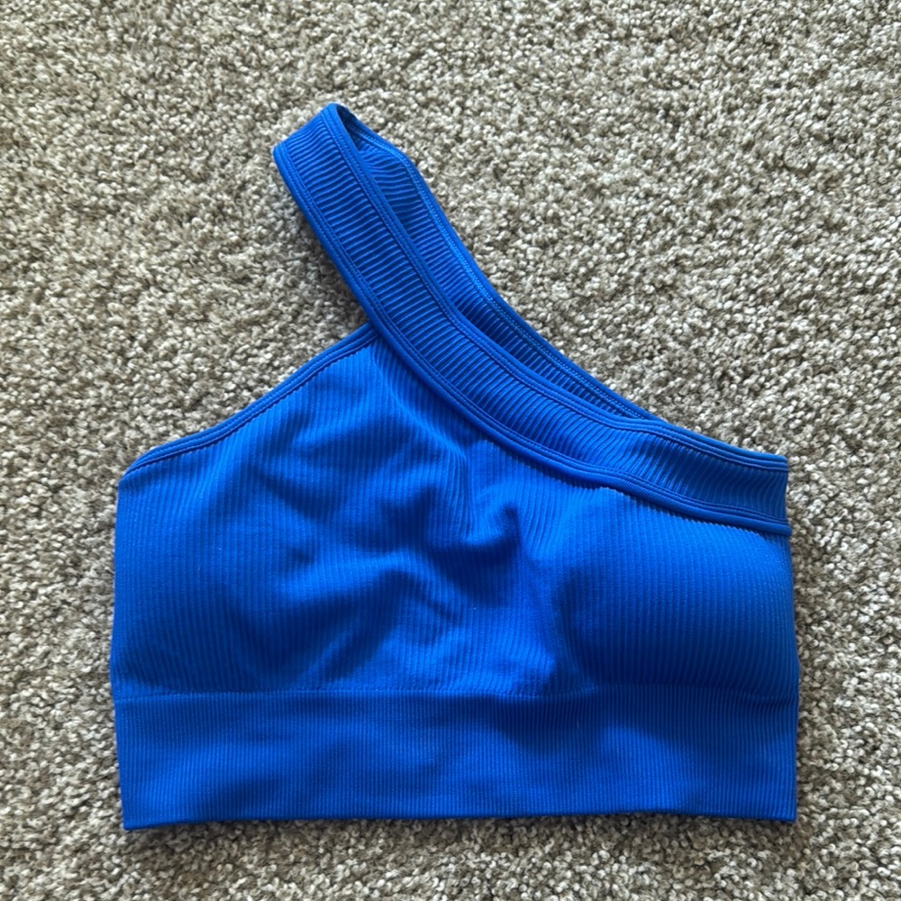 One-Shoulder Blue Ribbed Top